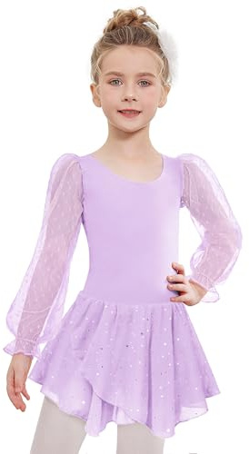 Arshiner Vestidos Ballet para Niñas Ropas Morado Baile de Manga Larga Ropa de Danza Algodón Malla De Danza para Niños Malla de Ballet con Tutú 4-5 Años