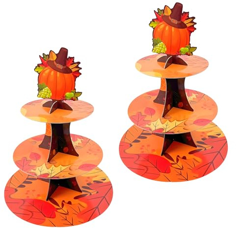 Confezione da 2 alzate per torte in cartone, a 3 ripiani, rotonde per Halloween, per torte di Halloween, forniture per feste di Halloween, esposizione di cibo, decorazioni per baby shower (zucca)