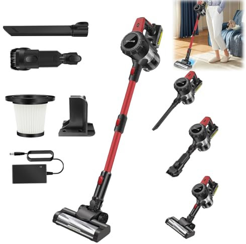 Aspirateur Balai sans Fil 3-en-1 Ultra Puissant – 65 Min Autonomie,15Kpa Aspiration,Brosse Motorisée Anti-Poils d'Animaux,Léger & Silencieux – Parfait pour Sols Durs,Tapis et Voiture (Filtre Lavable)