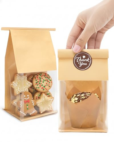 50 kleine Papiertüten mit 56 Aufklebern, wiederverschließbare Kekstüten mit Verschlusslasche, Sichtfenster und Verschluss für Muffins, Gebäck, Brownies, Süßigkeiten