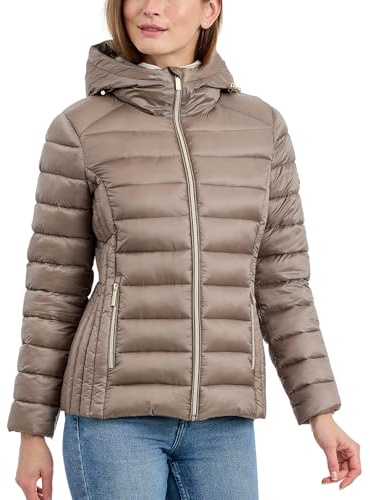 Michael Kors Womens Hooded Packable Puffer Jacket, Taupe, L