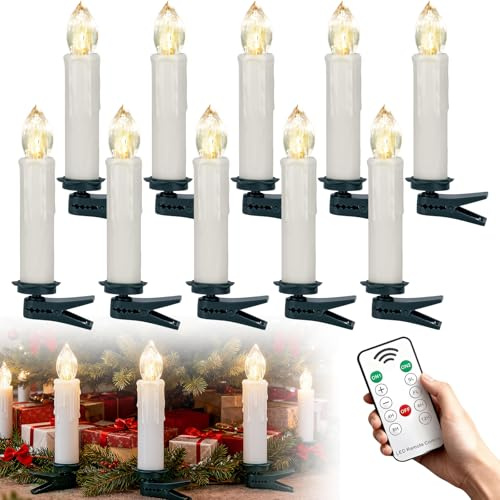 Kidsgigglz LED Kerzen Weihnachtsbaum Kabellose 10er Set, Flammenlose Weihnachtskerzen Licherkette mit Timer Clip, Dimmbar Creme Weihnachtsbaumlichterkette, Christbaumkerzen Dekoration