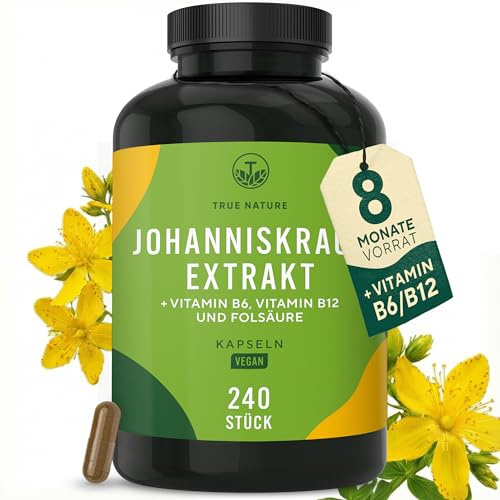 Hipérico Hierba de San Juan Extracto - 5000mg al día - 240 cápsulas - Alta Concentración - con hipericina natural - con vitaminas B6, B12 y ácido fólico - TRUE NATURE®