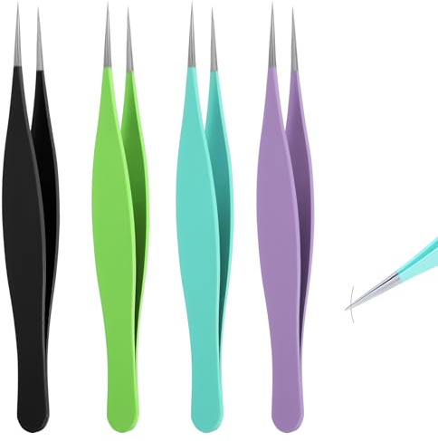 4 PCS Pointed Tweezers for Women Facial Hair, Sharp Blackhead Remover, Ingrown Hair Removal Kit, Stainless Steel Tweezers for Eyebrow, Chin and Ingrown Removal (Green, Black, Purple, Blue)