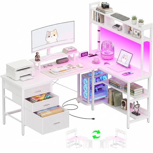 Homieasy Mesa Gaming en L 150cm con LED, Enchufes y Cajones, Blanco