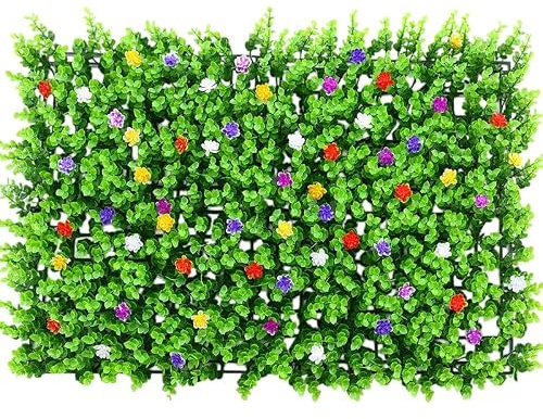 Artificial Plant Wall Panel 40x60cm, Fade Resistant Green Hedge Screen, Realistic Fake Grass Mat for Garden Fence, Balcony Privacy, Home & Wedding Wall Decoration (Eucalyptus with Flowers)