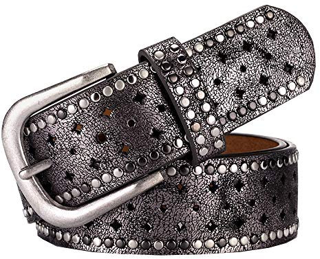 Cheerlife Damen Nieten Gürtel Ledergürtel mit Stern Loch 3,8cm breiter Jeansgürtel Glitzergürtel (Silbergrau)