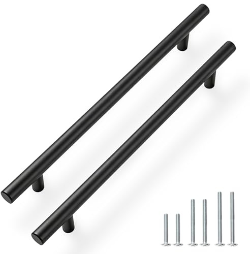 PinLin 20 Pack Kitchen Door Handles 192mm Hole Centre Flat Black Cabinet Handles Stainless Steel Cupboard T Bar Handle (Screws Included)