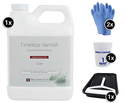 Breathing Color Timeless Archival Print Varnish - 1 Quart, Satin Finish, Best Canvas Coating, Certified Archival Quality, Includes Foam Roller, Mixing Cups, and Gloves