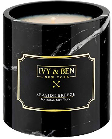 IVY & BEN NEW YORK Durftkerze in echtem Marmor - natürliches Sojawachs (Seaside Breeze, Standard) Geschenk für Frauen, Männer, Geburtstag