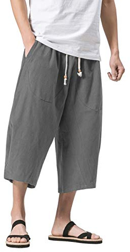 MAGNIVIT Men's Capri Pants Wide Leg Harem Baggy Pants Patchwork Linen Trousers Grey 32