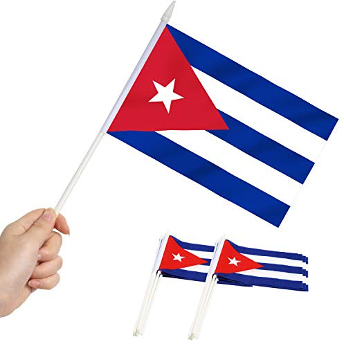 Anley Cuba miniatyrflagga - 5 x 8 minikubanska flaggor blekbeständiga och levande färger - 5x8 tum handhållen stickflagga med 12 vit solid pol & spjutstopp (1 dos)