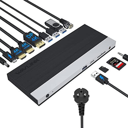 USB C Docking Station mit 100W DC Netzteil, WAVLINK Triple Display DockingStation USB C Hub mit HDCP, Dual HDMI, DisplayPort, Gigabit Ethernet, 3 USB, BC1.2 USB, SD/TF, Audio Port für Windows, Mac