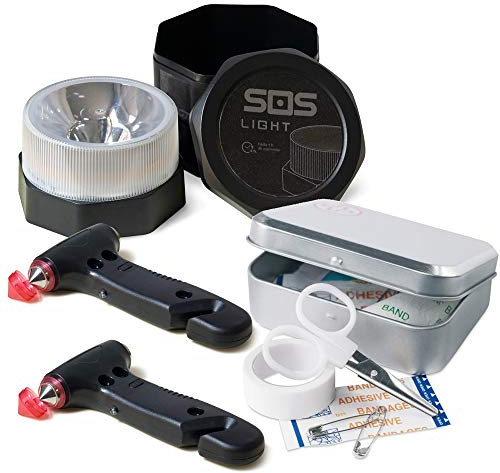 GEMCORE s.o.s. light baliza luminosa V16 + 2 MARTILLOS de seguridad, portátil de emergencia, para coche: rompeventanas y cortador de cinturón de seguridad, + regalo, CAJA KIT PRIMEROS AUXILIOS
