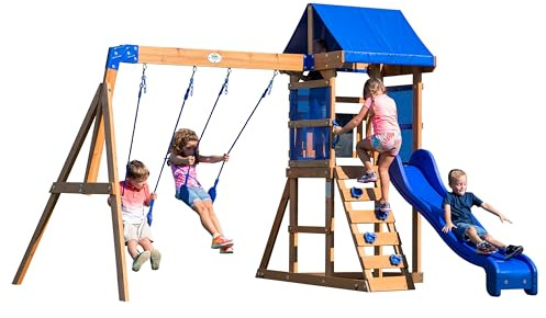 Backyard Discovery Aurora Casita Infantil Exterior de Madera | Casa de Juguete XXL para ninos con Columpios y Tobogan | para el Jardin - 310 x 270 x 230 cm.