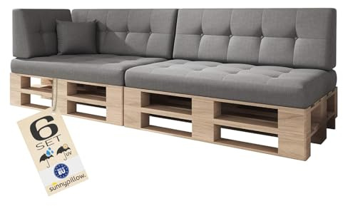 sunnypillow Palettenkissen Outdoor, UV-lichtecht, wasserdicht - 6er Set - Palettenauflage für Palettensofa für Haus und Garten - Palettenpolster für Palettenmöbel - Rückenkissen & Sitzkissen Grau