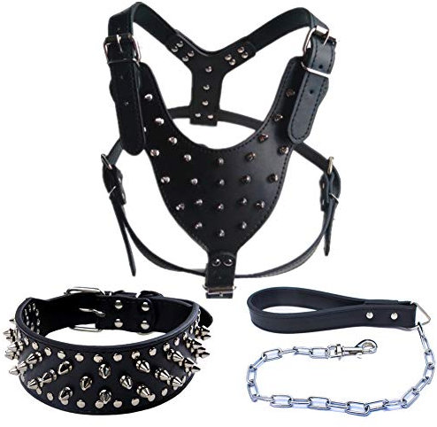 FUNAT 3pcs Pettorina per Cani con Borchie a Spillo, Collare per Cani, Catena per Cani, Set Guinzaglio Regolabile per Catena Collare per Imbracatura per Animali Domestici