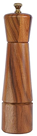 DeroTeno Molinillo de pimienta, molinillo de pimienta ajustable de acero inoxidable, madera de acacia, 22 cm de altura, DIÁMETRO inferior: 5,5 cm, (la bandeja NO está incluida)