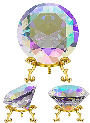 SWTHONY 80mm(3.15 inch) Crystal Big Fake Diamond Paperweight Rainbow Maker, Background for Nail Pictures, with Gold Metal Base Home Decor (AB-Coated)