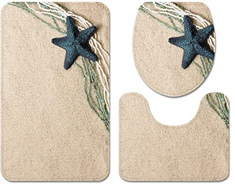 Badematten Set 3-teilig Seestern Strand Hülse Fischernetz Bunt Badezimmerteppich WC Vorleger mit Ausschnitt Set Rutschfeste Waschbar Flanell Toilettensitzbezug Combo (Farbe 2,40×60 cm 3PCS)