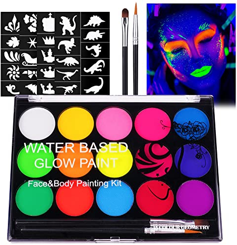 URAQT UV Kinderschminke Set, 15 Farben Schminkfarben Schminkpalette, Waschbar Face Paint Bodypaint Schminkset, Körperfarbe Kinder mit 2 Pinsel und 32 Tattoos für Halloween Karneval Make-up Fasching