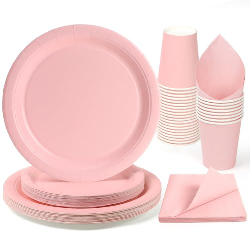 96 pièces Rose ensemble d'assiettes en carton jetables assiettes en papier, gobelets, serviettes, BBQ Party Pique-nique - place pour 24 personnes