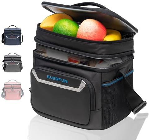 EVERFUN Isolierte Kühltasche 12-Dosen Doppellagig Lunchtasche Tragbare Klein Kühlbox Weiche Lunchbox Faltbar Wasserdicht Auslaufsicher, für Männer Frauen,für Arbeit/Reisen/Picknick/Strand, Schwarz 9L