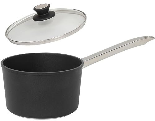SKK kleine 2-tlg. Stielkasserolle Ø 16 cm - Induktion - beschichteter Saucentopf mit Edelstahlstiel & Deckel mit Edelstahlrand - Made in Germany