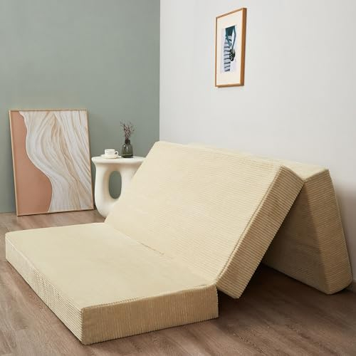 MAXYOYO Klappbare Cord-Matratze, dreifach Faltbare Bodenmatratze, 10 cm dick, mit waschbarem Bezug, in DREI Teile faltbar, platzsparend für Gäste (Kamel, Einzelbett)