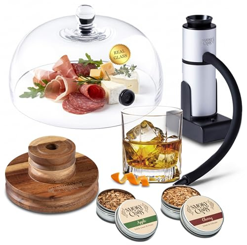 Smoky Crafts Food & Whiskey Smoker Kit with Updated Smoke Gun, 8 Glass Dome, Acacia Wood Top and Wood Chips (Apple & Cherry) - Old Fashioned Smoker Kit