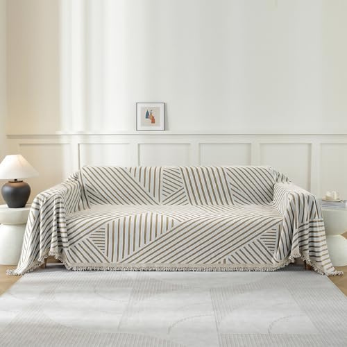 YSTELLAA Sofföverdrag 4-Sits, 180×380CM, Chenille Ab-Sidigt Överdrag För Hörnsoffa, Pet Soff Cover Överdrag, Sofföverkast Fläckbeständig Heminrednin, Sofföverdrag Med Tofs, Kaki-Line