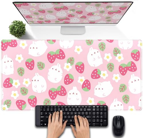 Pink Kawaii Desk Pad, Strawberry Field, Large, Extended Mouse Pad, Cute, XXL, Laptop and Computer Mouse Pad, Gaming Computer Pad, Women's Desk Decor Accessory, 31.5 x 15.7 inches