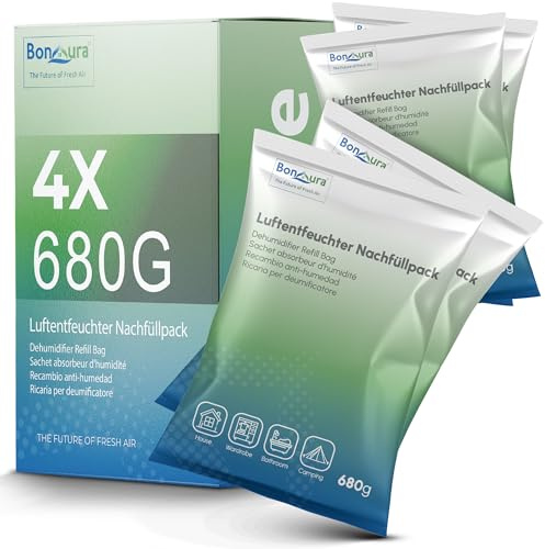 BonAura ® AirOne paquete de recarga para deshumidificador I juego de 4 gránulos deshumidificadores de 680 g I paquete de recarga para deshumidificador para espacios habitables I protección contra el