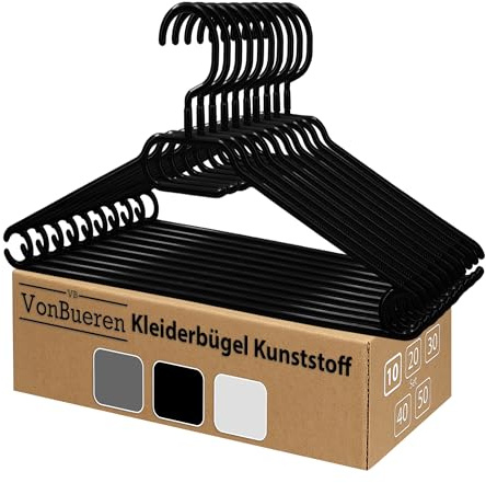 10 x Kleiderbügel schwarz Plastik VonBueren | mit 360° Drehhaken | platzsparend | 100% Recyclingkunststoff | hergestellt in der EU | ca. 40,5 x 21 cm