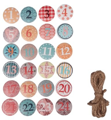 Rayher Adventskalender-Zahlen, rund, 2,5 cm ø, Holzzahlen 1-24, FSC zertifiziert, Zahlen für Adventskalender, mit Juteschnur, 46768000