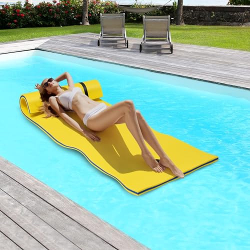 GOPLUS 270x180cm Wasserhängematte mit Kissen, Schwimmbett bis zu 300 KG Belastbar, Aufrollbare Schwimmmatte aus XPE, Schwimmfloß Wasserliege für Pool Schwimmbad Meer (Gelb)