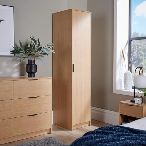 Home Source Phoenix Wardrobe with 1 Door | 180cm Tall Oak Effect| Hanging Rail & Storage Shelf | Contemporary Bedroom Furniture | 40D x 48W x 180H cm