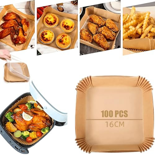 SUBEEN Friggitrice ad aria calda, 100 pezzi di carta da forno per friggitrice ad aria calda da 16 cm, carta da forno per friggitrice ad aria calda da 3 – 5 l (16 x 4,5 cm quadrata)