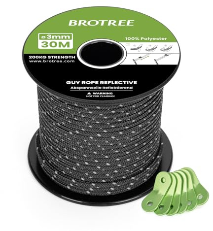 BROTREE Tent Guy Rope 3mm 30m Reflective Guy Line Heavy Duty Guide Rope with 6Pcs Aluminum Tensioners for Tent Gazebo Awning Camping (Black)
