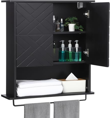 GarveeHome Medicine Cabinet with Two Door, Wood Wall Mounted Storage Cabinet with Adjustable Shelf and Towel Bar, 3-Tier Cupboard for Bathroom, Kitchen, Living Room