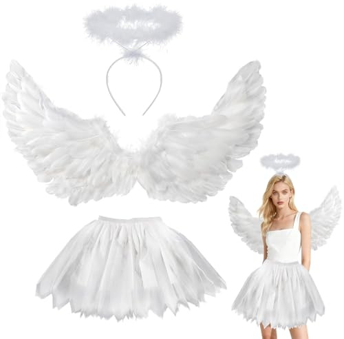 Disfraz de ángel para adultos, alas de ángel, disfraz de Halloween para mujer, alas de ángel para niños, falda de tutú, vuelos de ángel, aureola