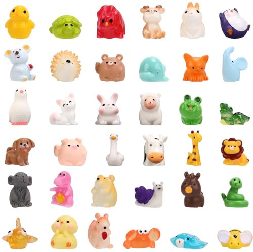XIHIRCD 36pcs Mini Resin Animals, Multicolored Tiny Animal Figurines with 50 Glue Points for Garden, Home, Office Decor