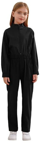 FEESHOW Kinder Arbeitsoverall Langarm Klempner Mechaniker Overall Einteilige Arbeitskleidung Rallyekombi Kombination Jumpsuit Schwarz 146-152