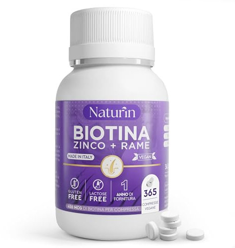 Biotina Capelli, Pelle e Unghie 365 Compresse (12 Mesi), Integratore Vegano con Biotina + Zinco + Selenio + Rame, Alto Dosaggio Crescita Capelli, Pelle e Unghie Sani by NATURIN