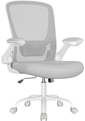 SONGMICS Ergonomisk kontorsstol, snurrstol med mesh, ländrygg och nackstöd, gungfunktion, 53 cm sits, hopfällbara armstöd, arbets- och sovrum, Dove Grey OBN037G02