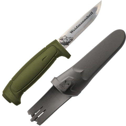 WPW Jagdmesser in Militärgrün mit 9,1 cm langer Carbonstahl Klinge und Wildschwein Gravur