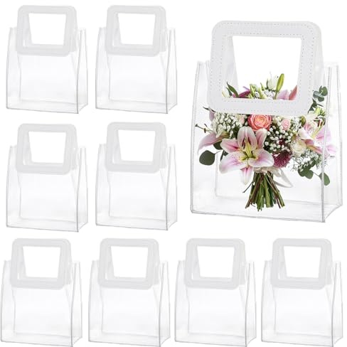 Mritrit 10 stycken genomskinliga PVC presentväskor små 15 x 13 x 7 cm, genomskinlig plastpåse med vita handtag, återanvändbar tom klar presentpåse för bröllop, presenter, shopping, festgåvor S