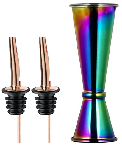 Pafusen Jigger para camarero, medidor profesional japonés de cóctel, medidor de 2 onzas, 1 onza con medidas en el interior, acero inoxidable 304 de alta calidad (arcoíris, 1 medidor + 2 vertedores)
