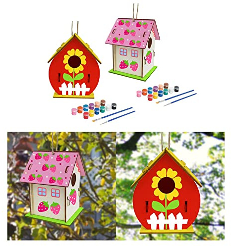 2x DIY Holz Vogelhaus Bausatz Unlackiert Bauen Malen Sie Ihr eigenes hängendes Vogelhaus Set für Gartendekoration Inklusive 24 Farben 4 Pinsel