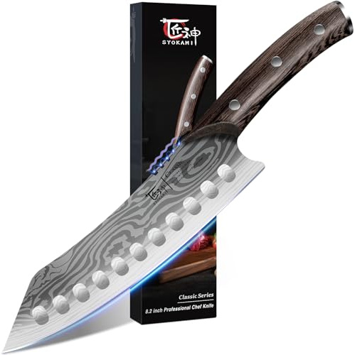 SYOKAMI Kiritsuke Knife, 8.2 Inch Chef Knife, Japanese Style High Carbon Steel, Razor Sharp for Precision Cutting, Damascus Pattern, Ergonomic Full Tang Wood Handle, Birthday Wedding Cooking Gifts
